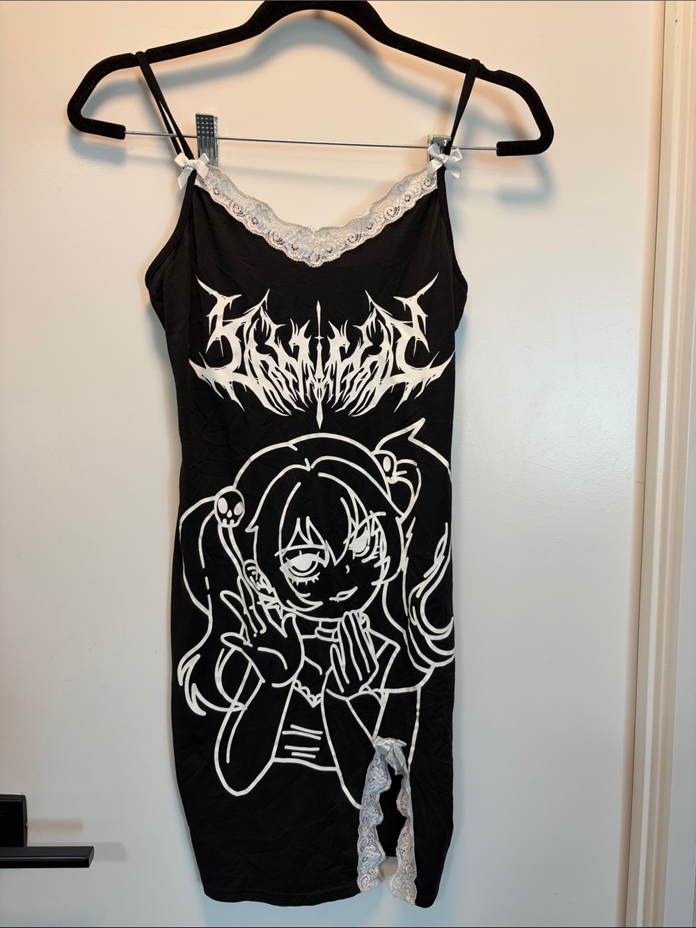 Black Lace-Trim Mini Slip Dress with White Anime Graphic
